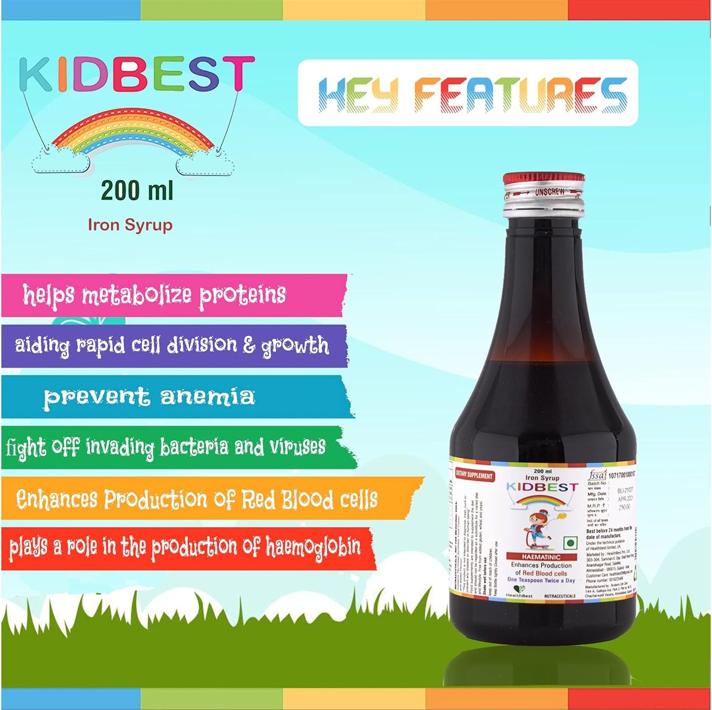 Kid-Friendly Iron Syrup with Zinc and Folic Acid for Optimal Health - 200 ML