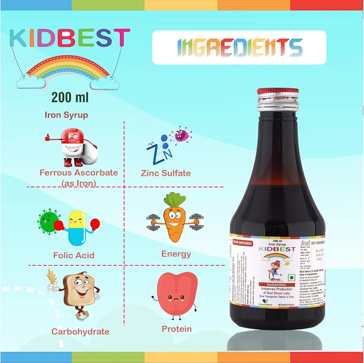 Kid-Friendly Iron Syrup with Zinc and Folic Acid for Optimal Health - 200 ML