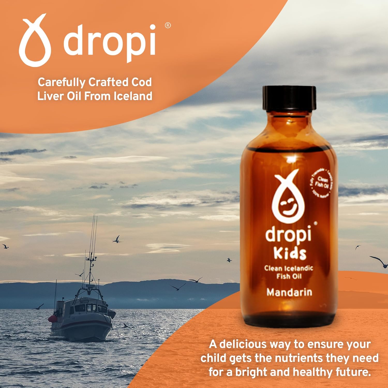 Kids Dropi Omega-3 Fish Oil Liquid Supplement with EPA, DHA, Vitamin A & D - Mandarin Flavor - Immune System, Brain Health, Joint Support - 3.7 Fl Oz