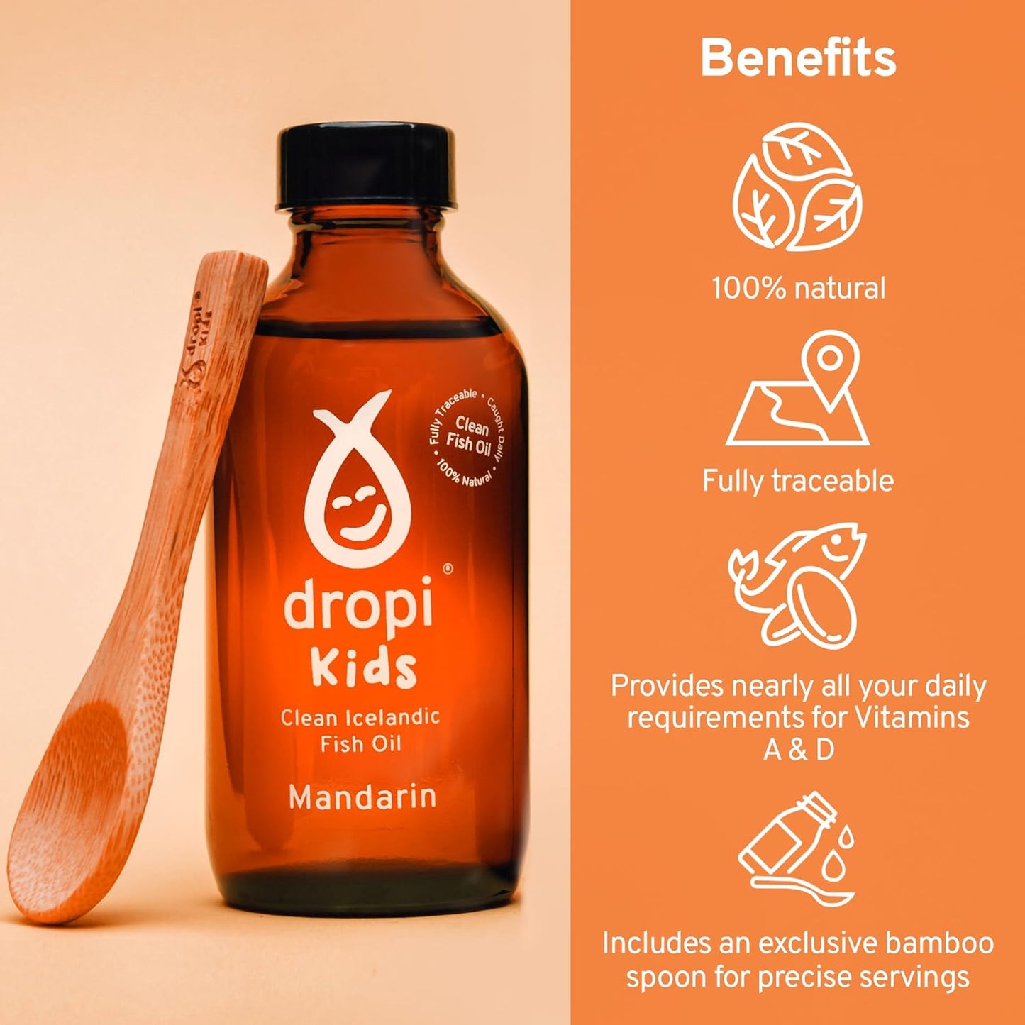 Kids Dropi Omega-3 Fish Oil Liquid Supplement with EPA, DHA, Vitamin A & D - Mandarin Flavor - Immune System, Brain Health, Joint Support - 3.7 Fl Oz