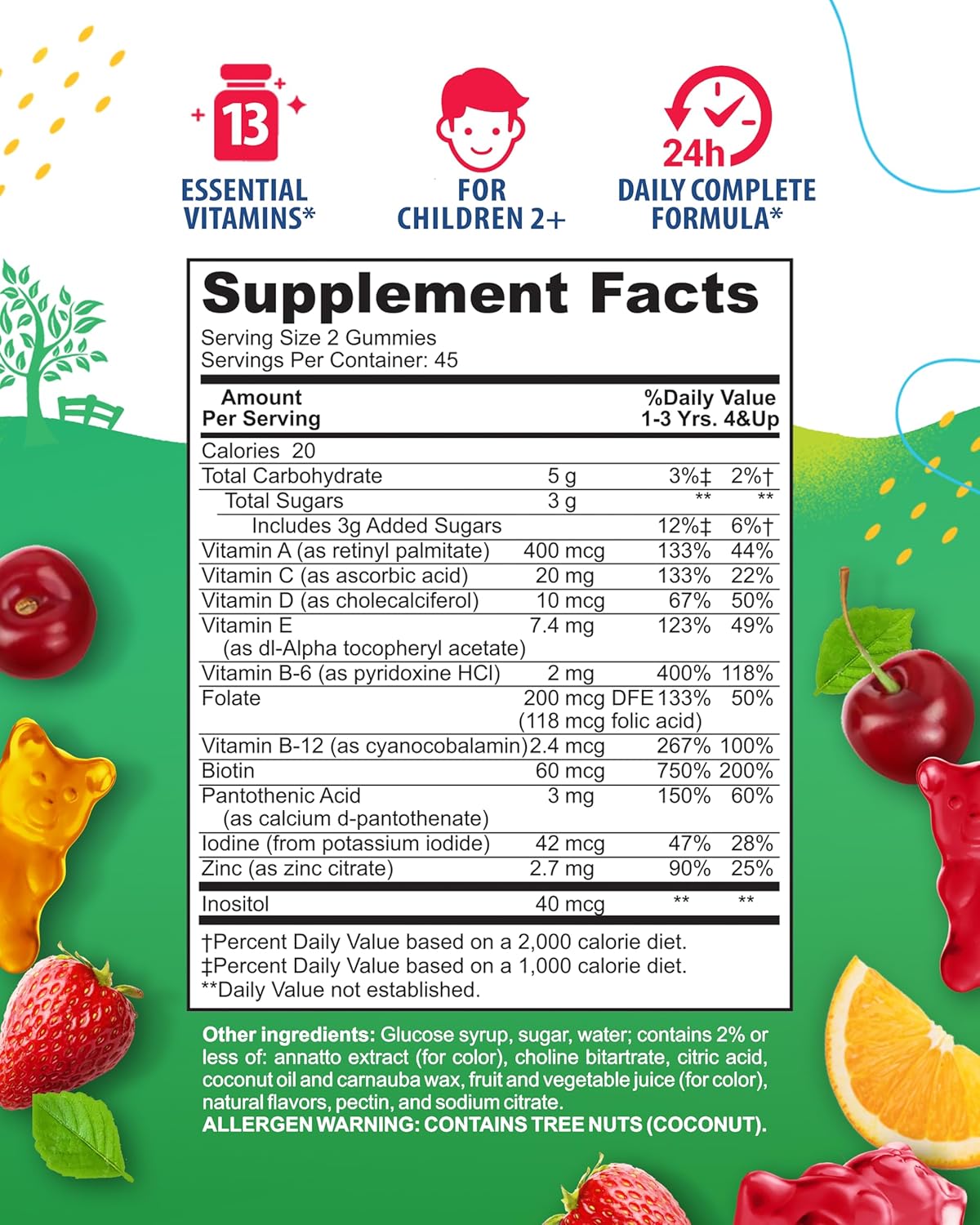 Kids Multivitamin Gummies - 90 Chewable Vitamins with 14 Essential Nutrients - Daily Supplement for Ages 2+ - Includes Vitamin A, C, D, E, B6, B12, Zinc, Biotin - Vegetarian Formula
