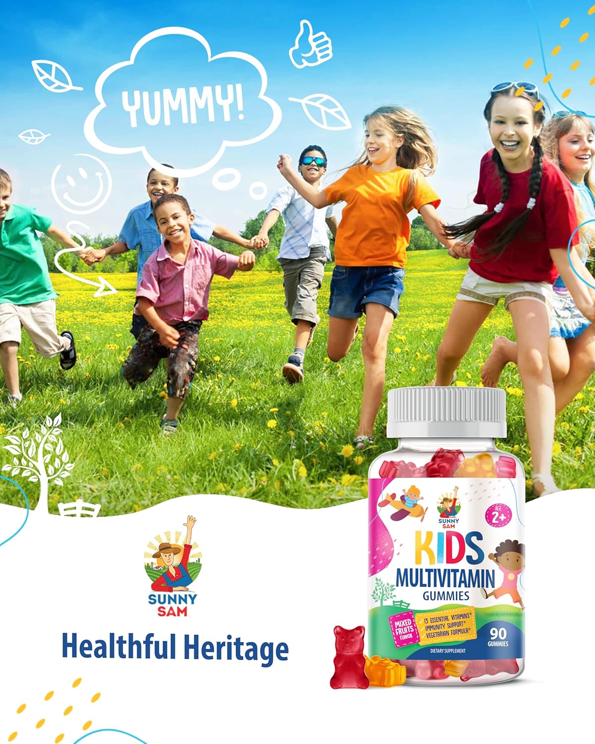 Kids Multivitamin Gummies - 90 Chewable Vitamins with 14 Essential Nutrients - Daily Supplement for Ages 2+ - Includes Vitamin A, C, D, E, B6, B12, Zinc, Biotin - Vegetarian Formula