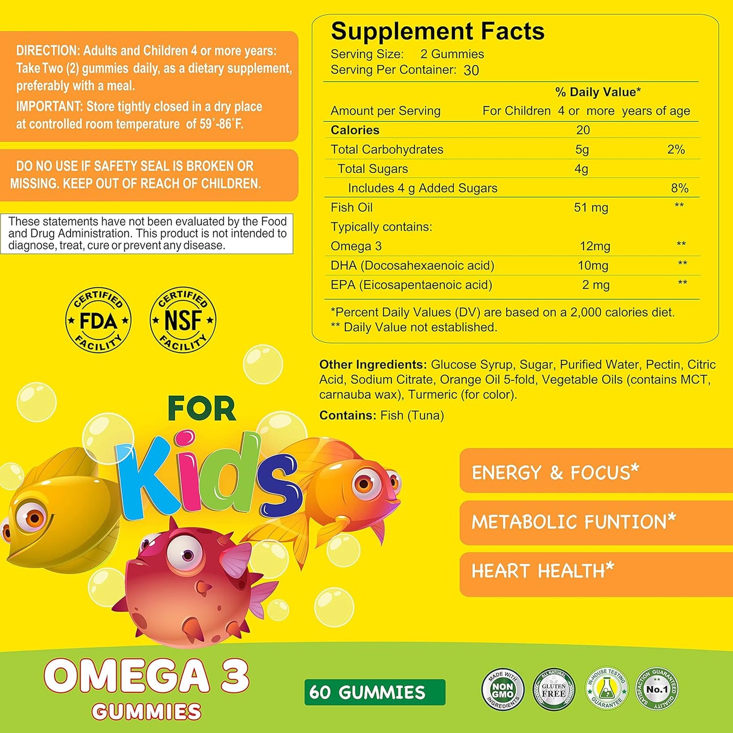 Kids Omega 3 Gummies with EPA & DHA for Focus, Memory, Heart Health - Natural Brain Booster and Vision Support - 60 Gummies