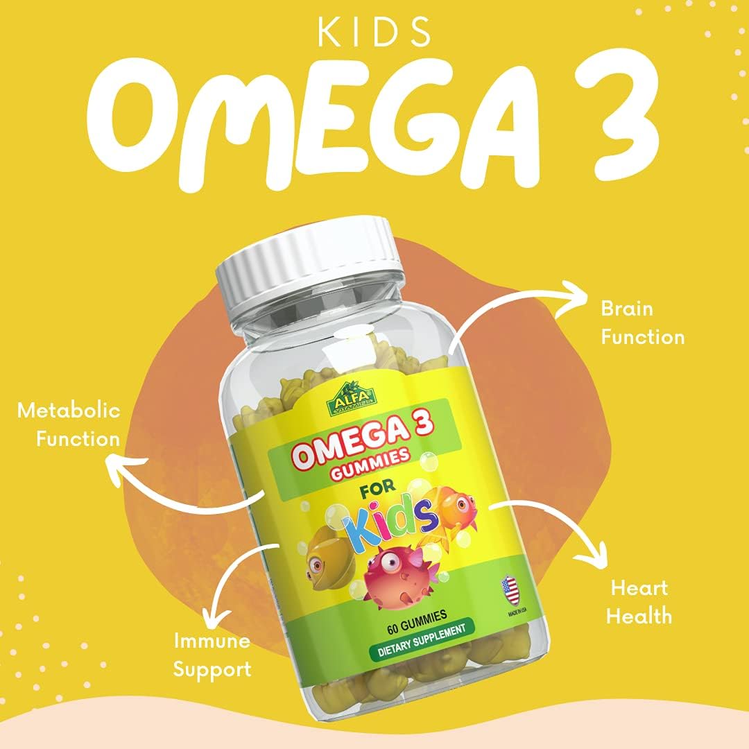 Kids Omega 3 Gummies with EPA & DHA for Focus, Memory, Heart Health - Natural Brain Booster and Vision Support - 60 Gummies