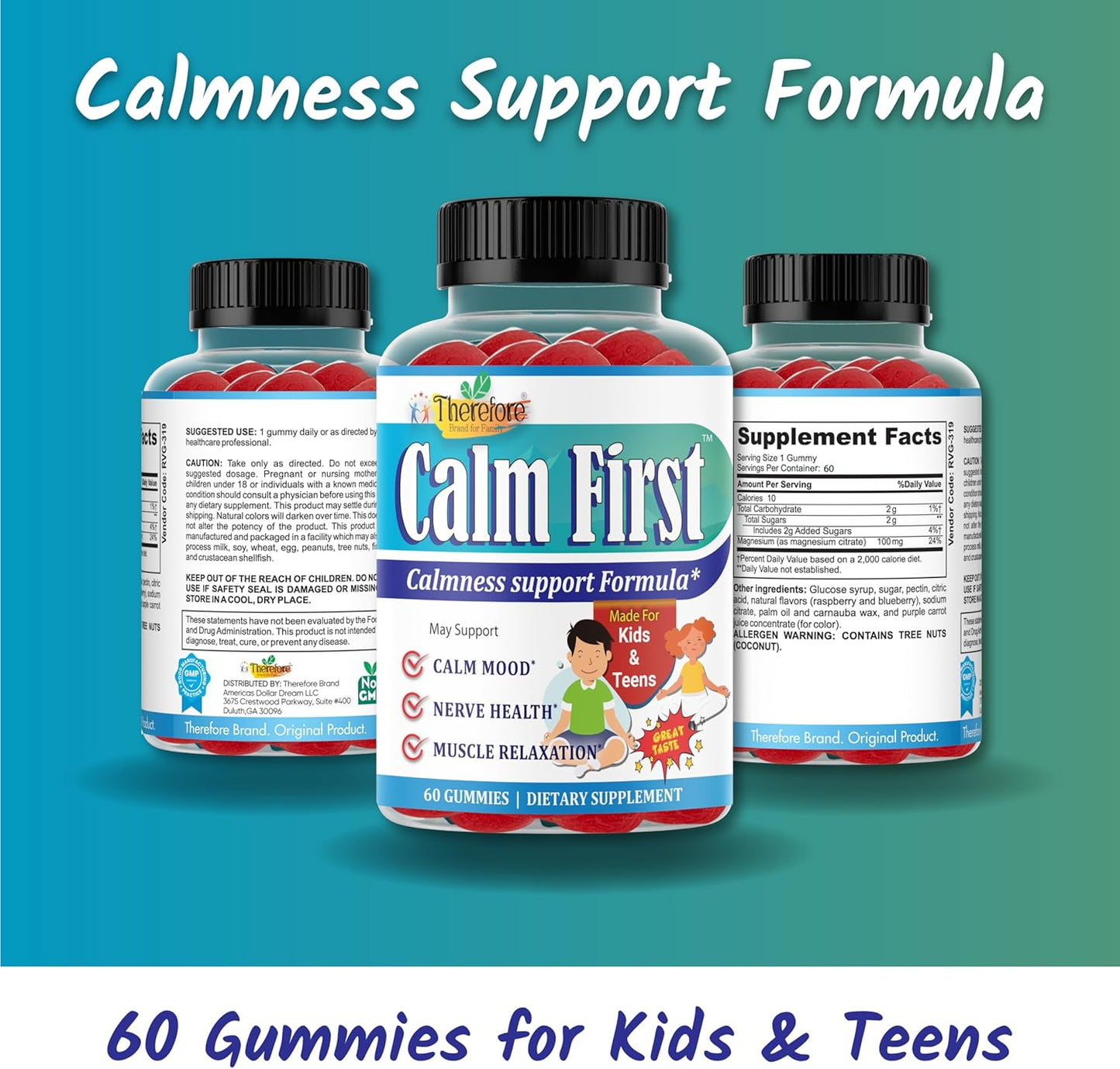 Kids & Teens Magnesium Citrate Gummy Supplement - Supports Bone Health & Calm Mind, Anti-Stress, Calming Sleep, Gluten Free, Low Sugar - 60-Day Supply