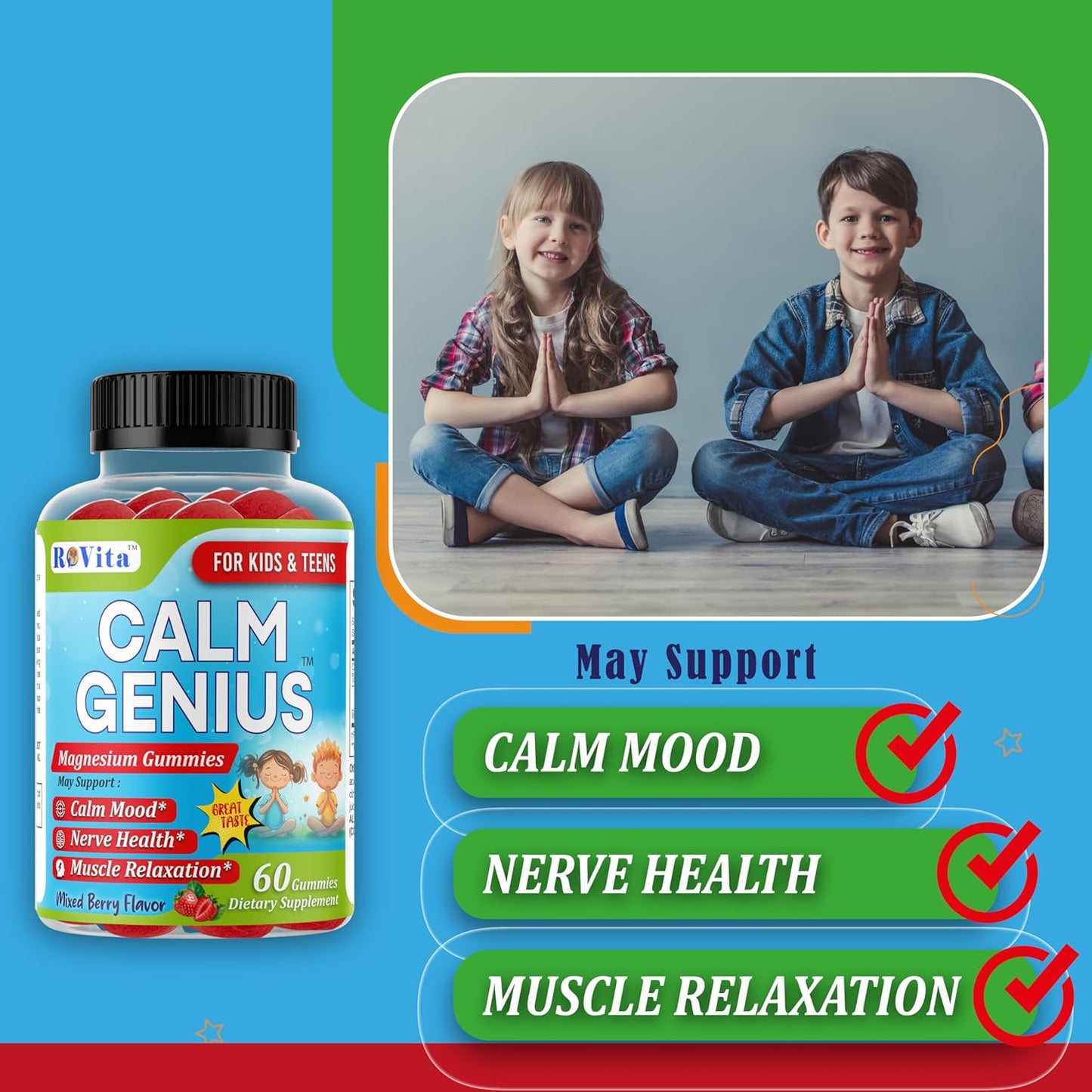 Kids & Teens Magnesium Gummies - Calm Sleep & Mood Support - 60 Count, 2-Month Supply