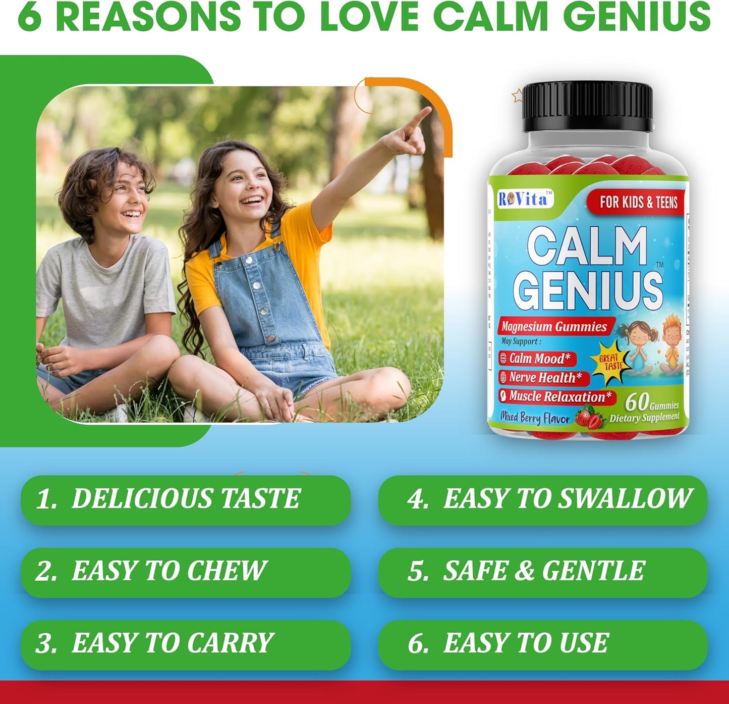 Kids & Teens Magnesium Gummies - Calm Sleep & Mood Support - 60 Count, 2-Month Supply