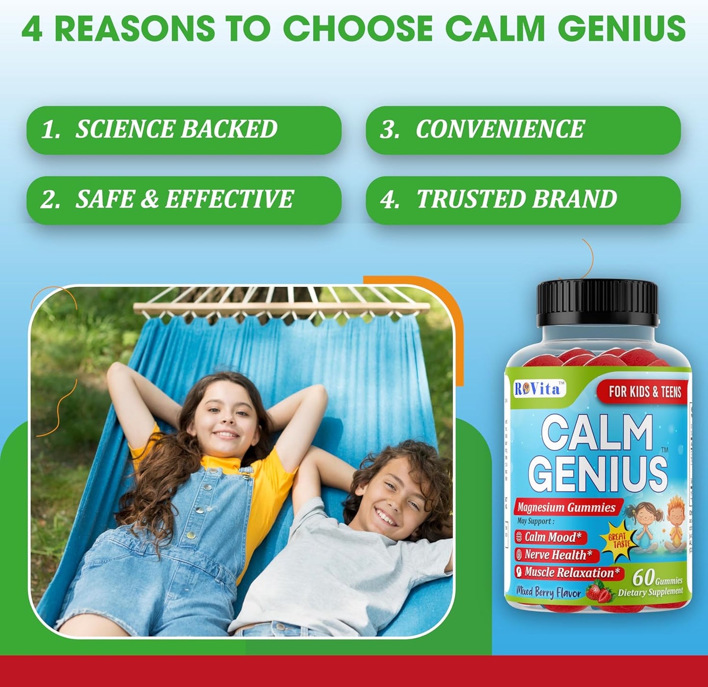 Kids & Teens Magnesium Gummies - Calm Sleep & Mood Support - 60 Count, 2-Month Supply