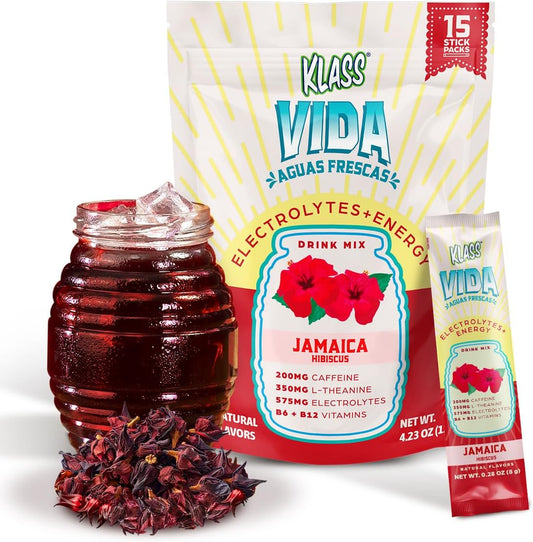 KLASS VIDA Hibiscus Electrolyte Agua Fresca Drink Mix - Sugar-Free Powder Packets with Caffeine & Theanine for Hydration and Energy - 15 Single Serve Sticks, Low Calorie
