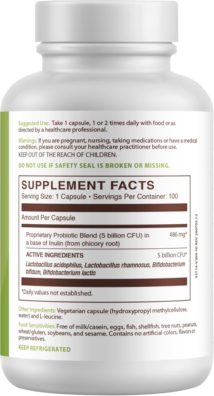 Kosher Probiotic Supplement for Digestive Health, 5 Billion CFUs, 100 Vegetarian Capsules - Supports Constipation, Diarrhea, Gas & Bloating