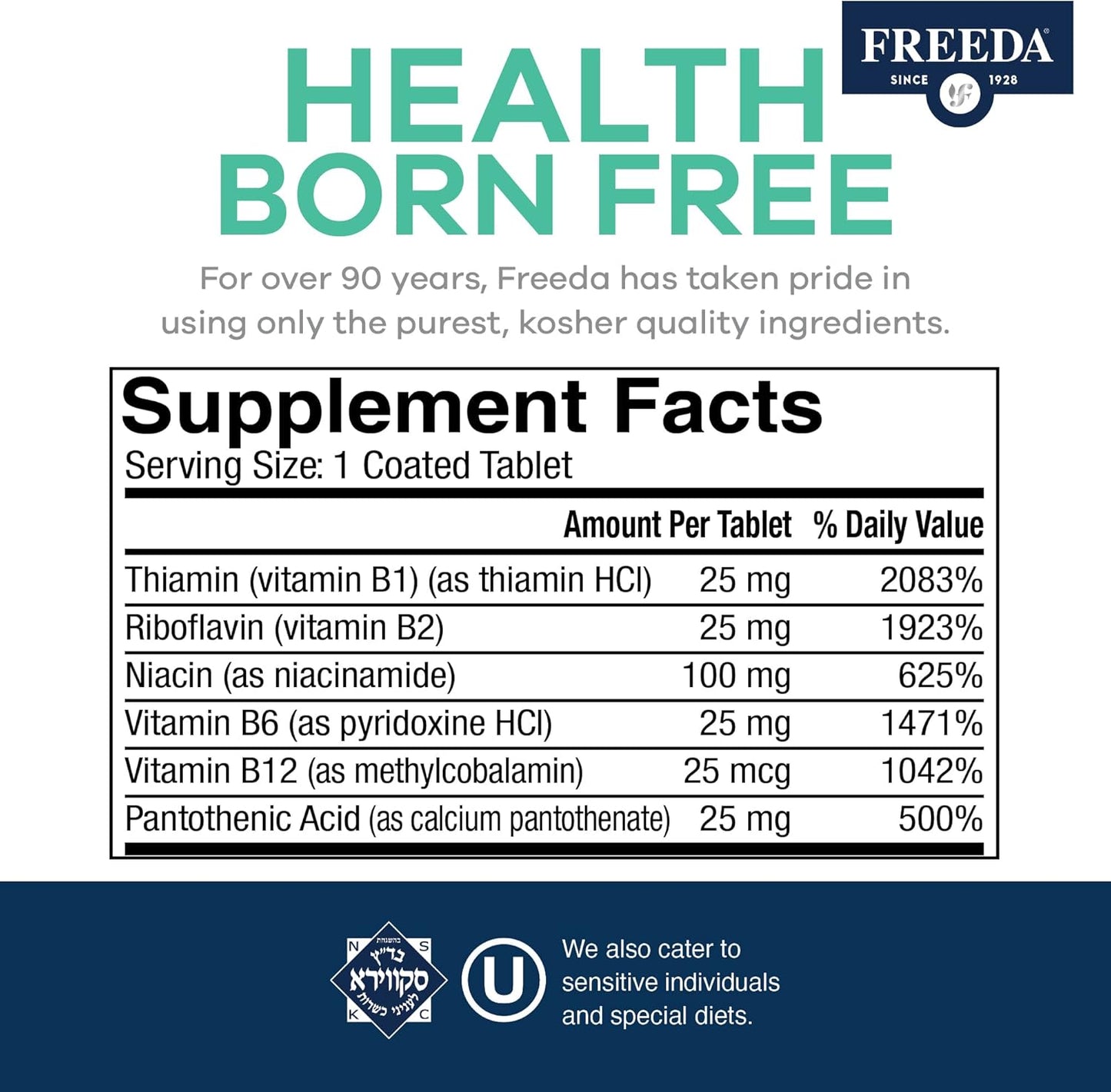 Kosher Vitamin B Complex Supplement, 250 Ct - Includes B1, B2, B3, B5, B6, B12 - No Folic or PABA - Men & Women Formula