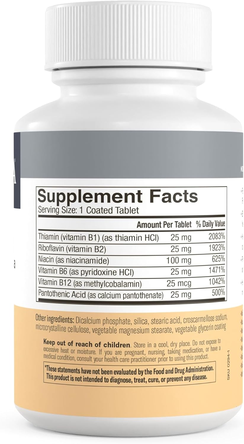 Kosher Vitamin B Complex Supplement, 250 Ct - Includes B1, B2, B3, B5, B6, B12 - No Folic or PABA - Men & Women Formula