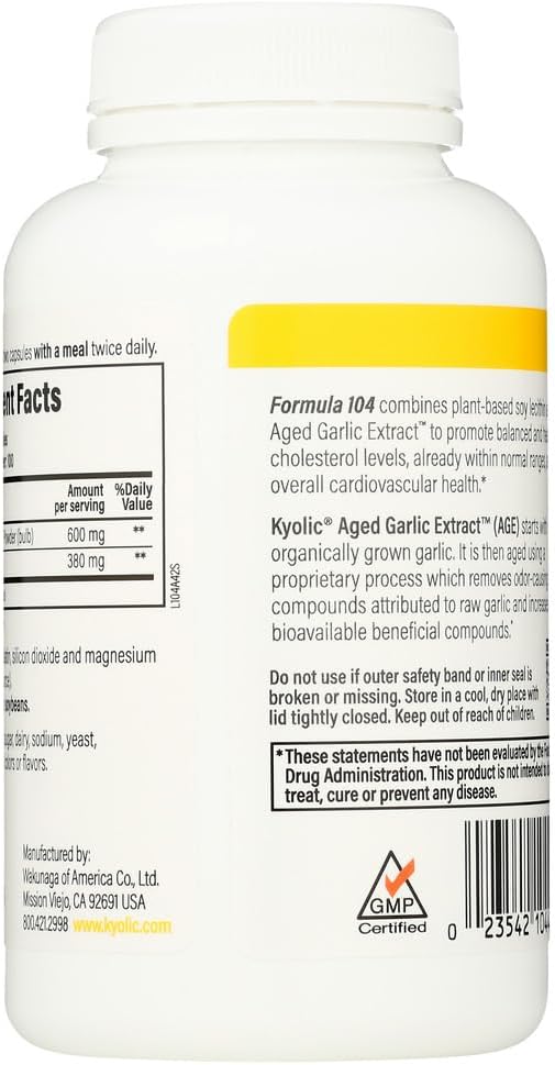 Kyolic #104 Garlic Extract with Lecithin 200 Capsules - Immune Support and Heart Health