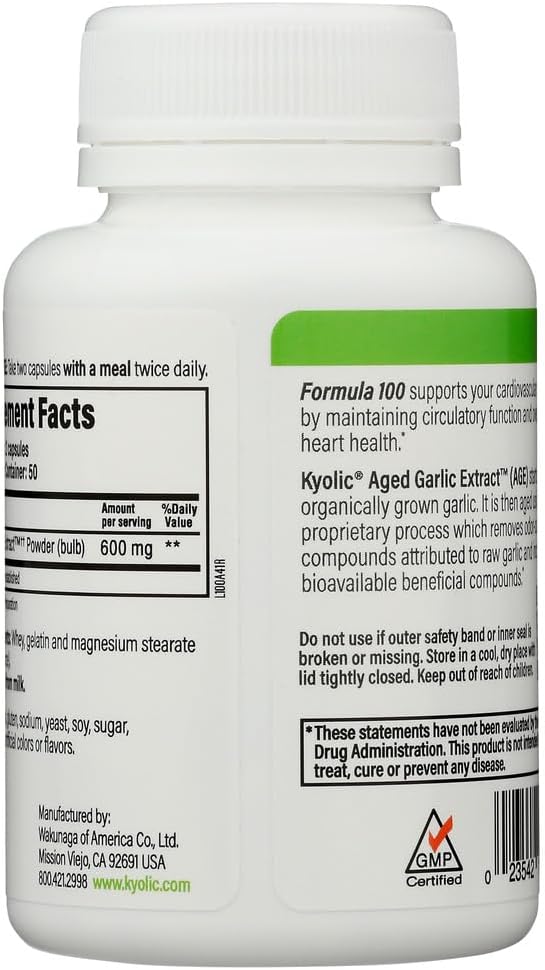 Kyolic Organic Formula 100 Supplement - Immune Support, Antioxidant, Heart Health - 100 Capsules