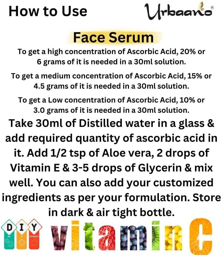 L-Ascorbic Acid (Vitamin C Powder) DIY for Making Serum, Soap, Cream, Lotion & Face wash for Face, Skin & Body (100gm)