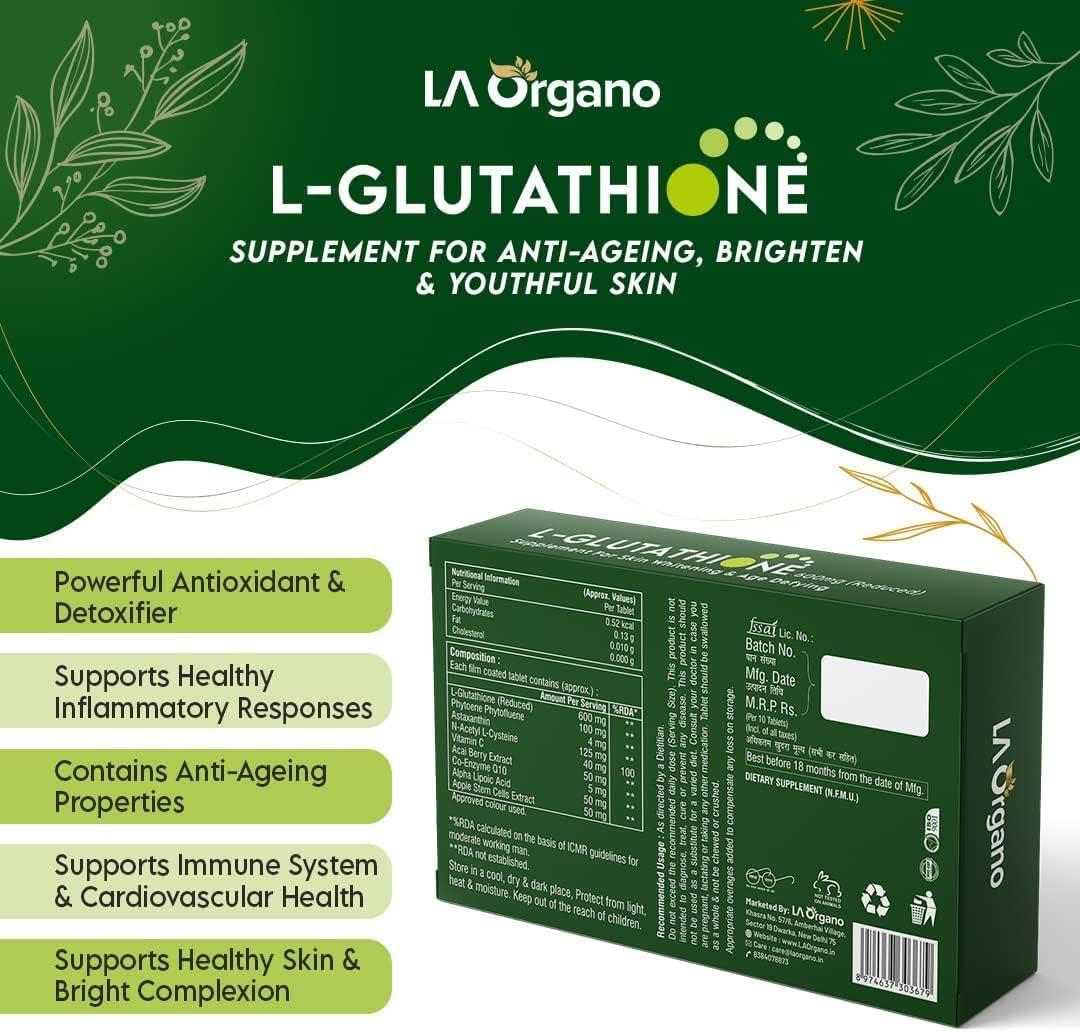 L Glutathione Tablets with Vitamin C for Radiant Skin - Pack of 1 (30 Tablets) for Men & Women