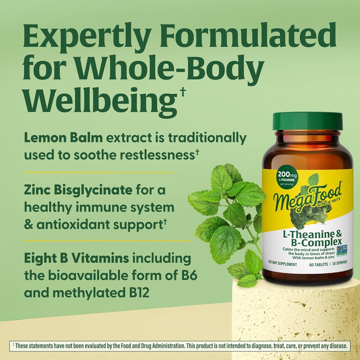 L-Theanine & Vitamin B Complex Supplement - 200mg L Theanine with B Vitamins, Lemon Balm Leaf & Zinc - Vegan, Gluten Free, Non-GMO - 60 Tablets