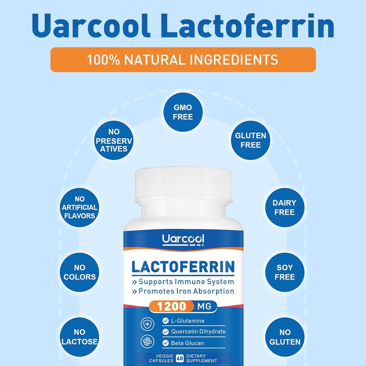 Lactoferrin Supplement 1200mg for Immune Support - Gluten-Free, Vegetarian - 60 Softgels