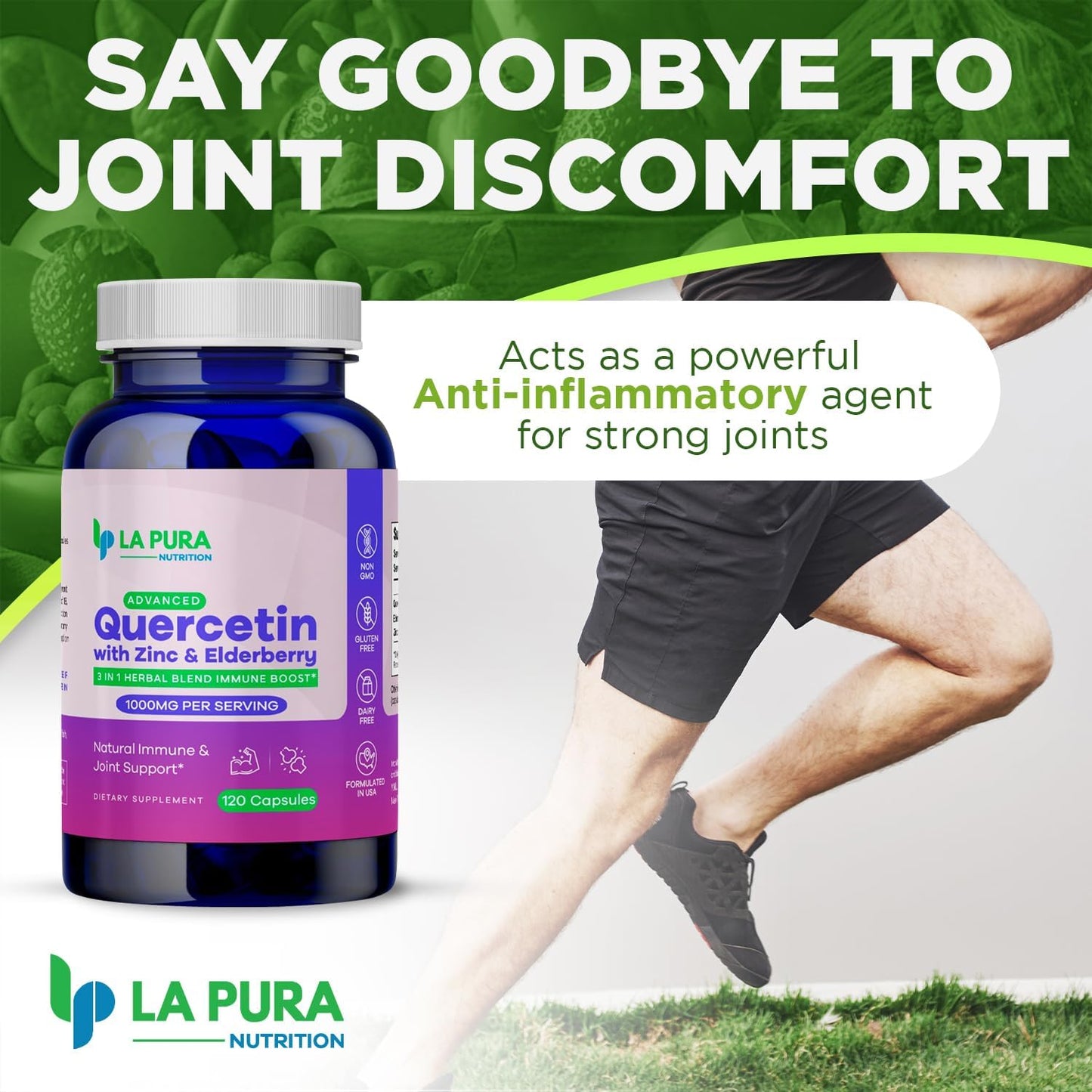LaPura Immune Boost & Joint Support Supplement - Quercetin 1000mg, Elderberry 200mg, Zinc 30mg - 120 Capsules, Non-GMO - Made in USA