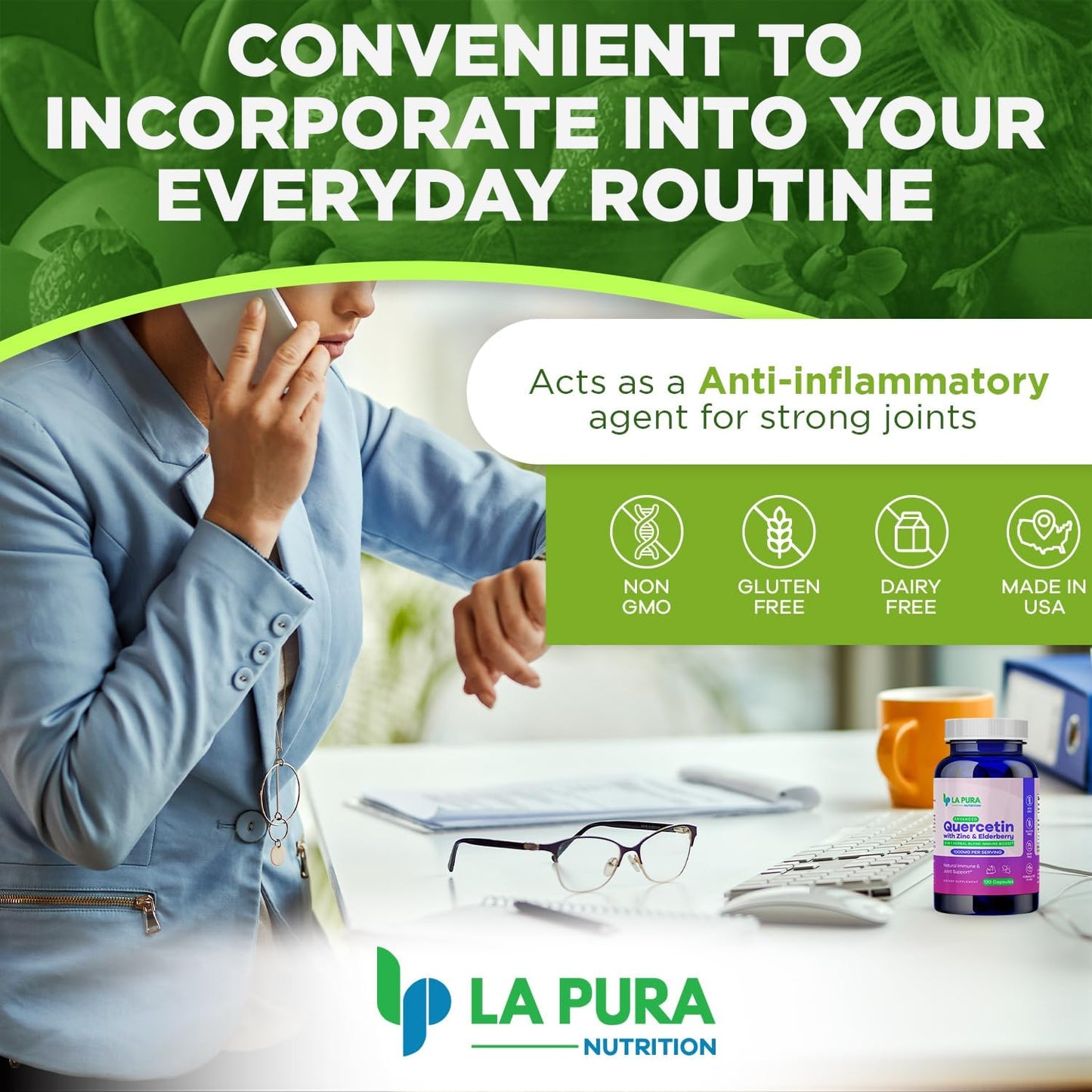 LaPura Immune Boost & Joint Support Supplement - Quercetin 1000mg, Elderberry 200mg, Zinc 30mg - 120 Capsules, Non-GMO - Made in USA