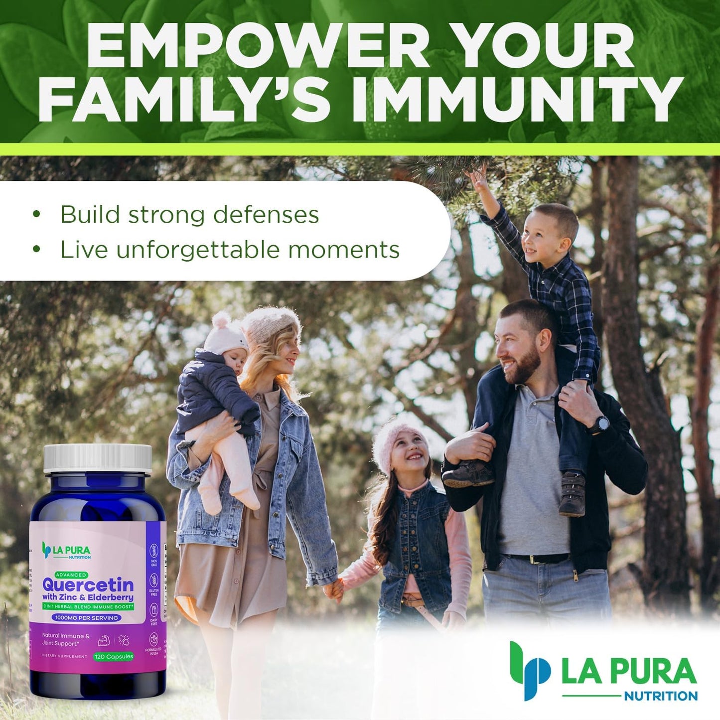 LaPura Immune Boost & Joint Support Supplement - Quercetin 1000mg, Elderberry 200mg, Zinc 30mg - 120 Capsules, Non-GMO - Made in USA