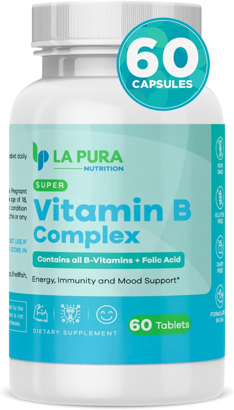 LaPura Super Vitamin B Complex with Folic Acid & Biotin - 60 Capsules - Energy, Immune & Mood Support - Non-GMO USA Made