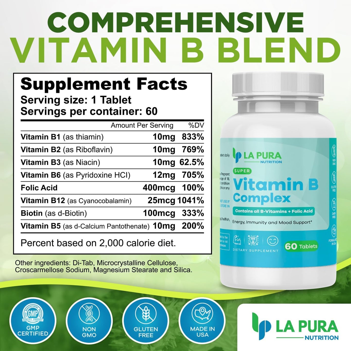 LaPura Super Vitamin B Complex with Folic Acid & Biotin - 60 Capsules - Energy, Immune & Mood Support - Non-GMO USA Made