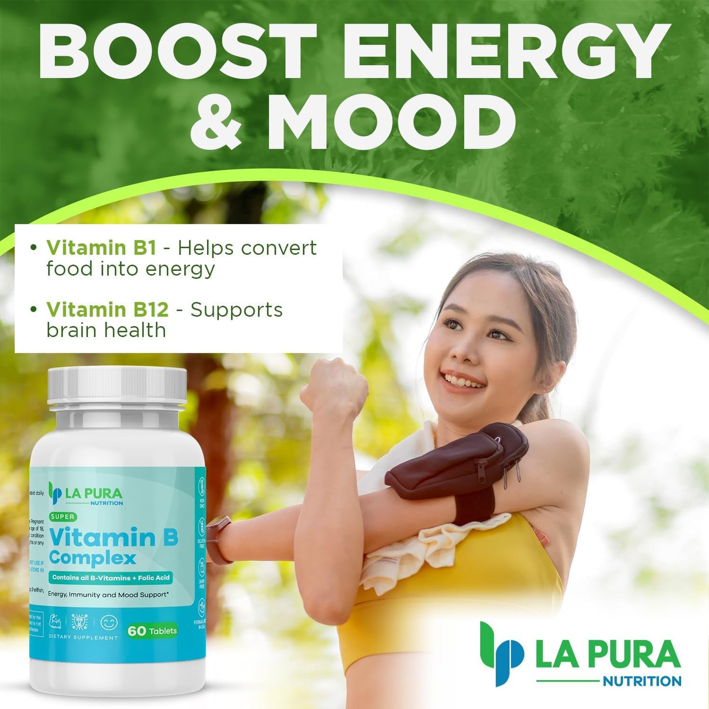 LaPura Super Vitamin B Complex with Folic Acid & Biotin - 60 Capsules - Energy, Immune & Mood Support - Non-GMO USA Made