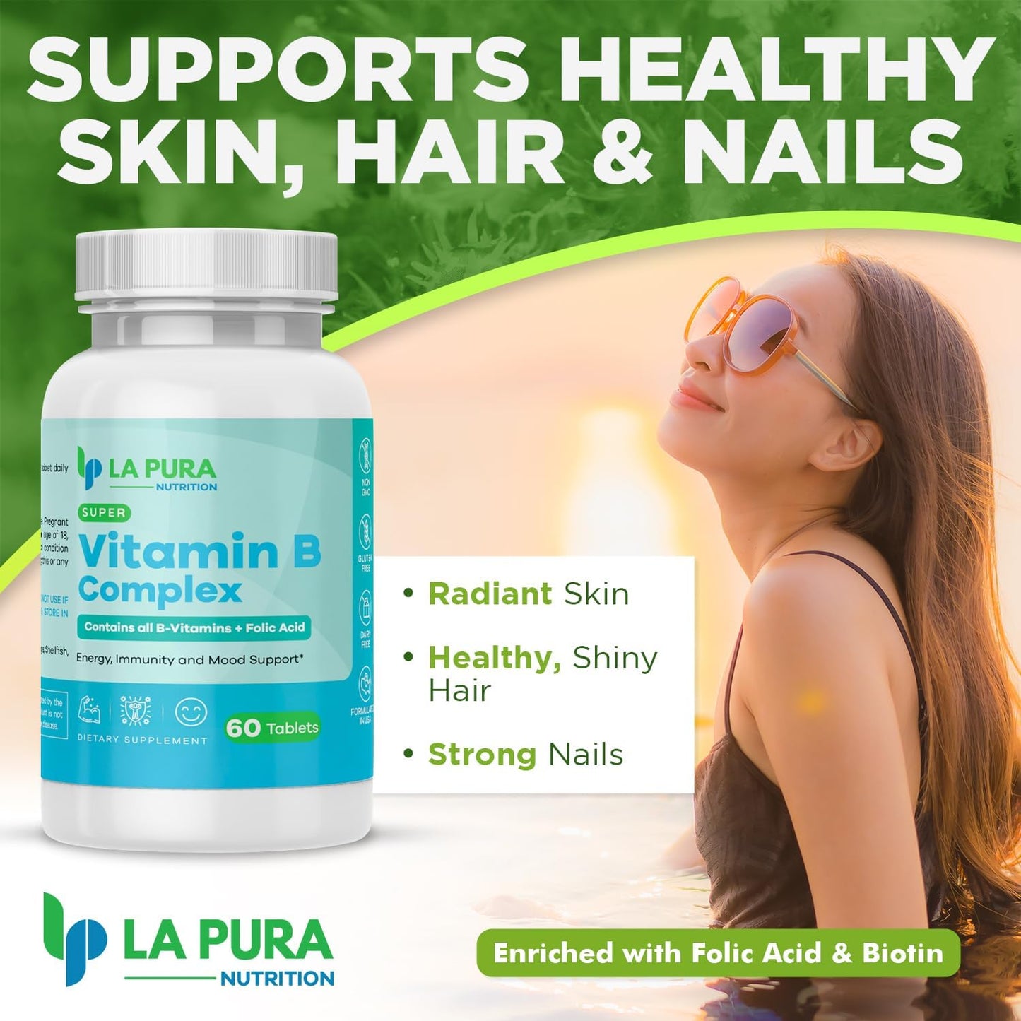 LaPura Super Vitamin B Complex with Folic Acid & Biotin - 60 Capsules - Energy, Immune & Mood Support - Non-GMO USA Made