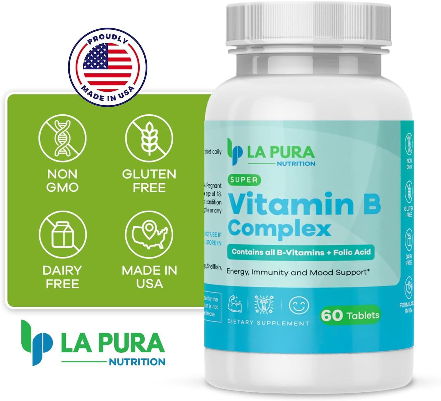 LaPura Super Vitamin B Complex with Folic Acid & Biotin - 60 Capsules - Energy, Immune & Mood Support - Non-GMO USA Made