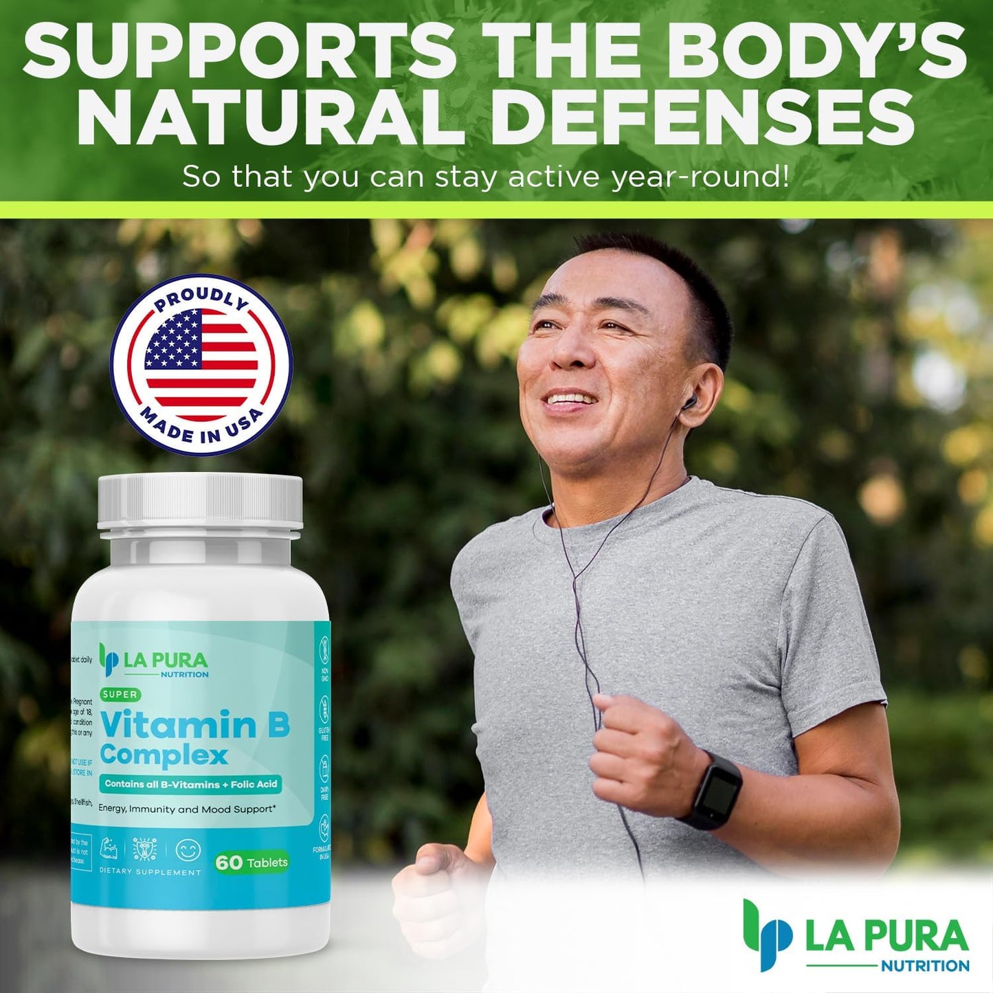 LaPura Super Vitamin B Complex with Folic Acid & Biotin - 60 Capsules - Energy, Immune & Mood Support - Non-GMO USA Made