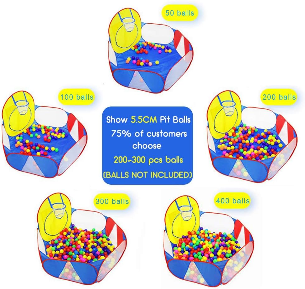 Large Pop Up Kids Ball Pit Tent with Basketball Hoop & Zipper Storage Bag - 4 Ft/120CM - Blue, Yellow, Red - Balls Not Included