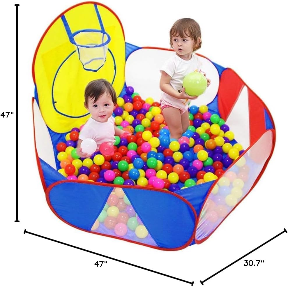 Large Pop Up Kids Ball Pit Tent with Basketball Hoop & Zipper Storage Bag - 4 Ft/120CM - Blue, Yellow, Red - Balls Not Included