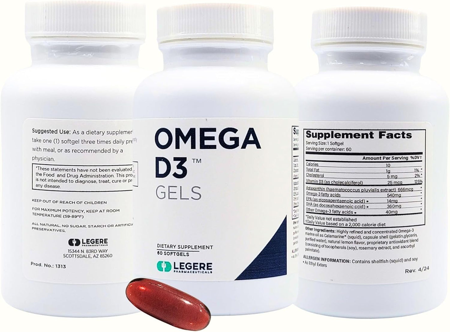 Legere Pharmaceuticals Omega-3 Fish Oil, D3 Gels with Astaxanthin & Calamarine by ES Global Brands