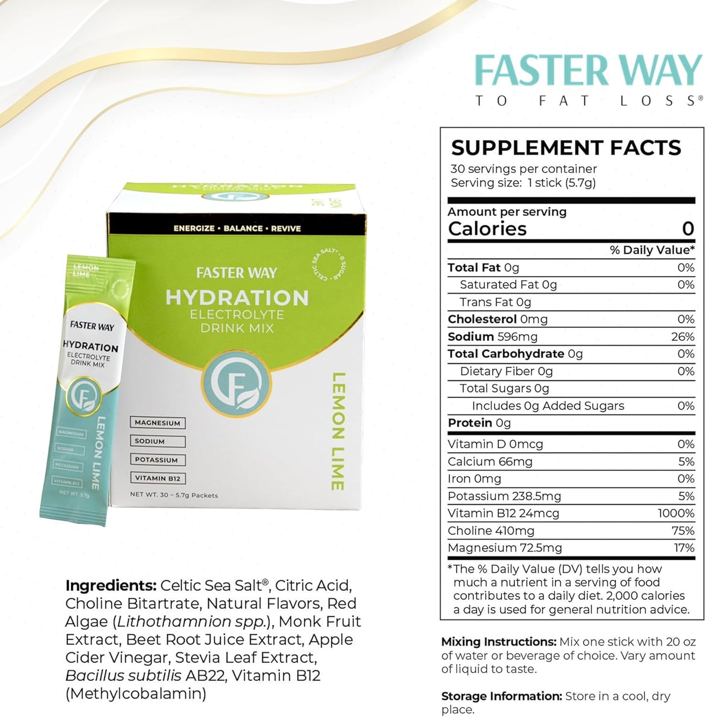 Lemon Lime Electrolyte Drink Mix with Apple Cider Vinegar for Fast Fat Loss - 30 Packets