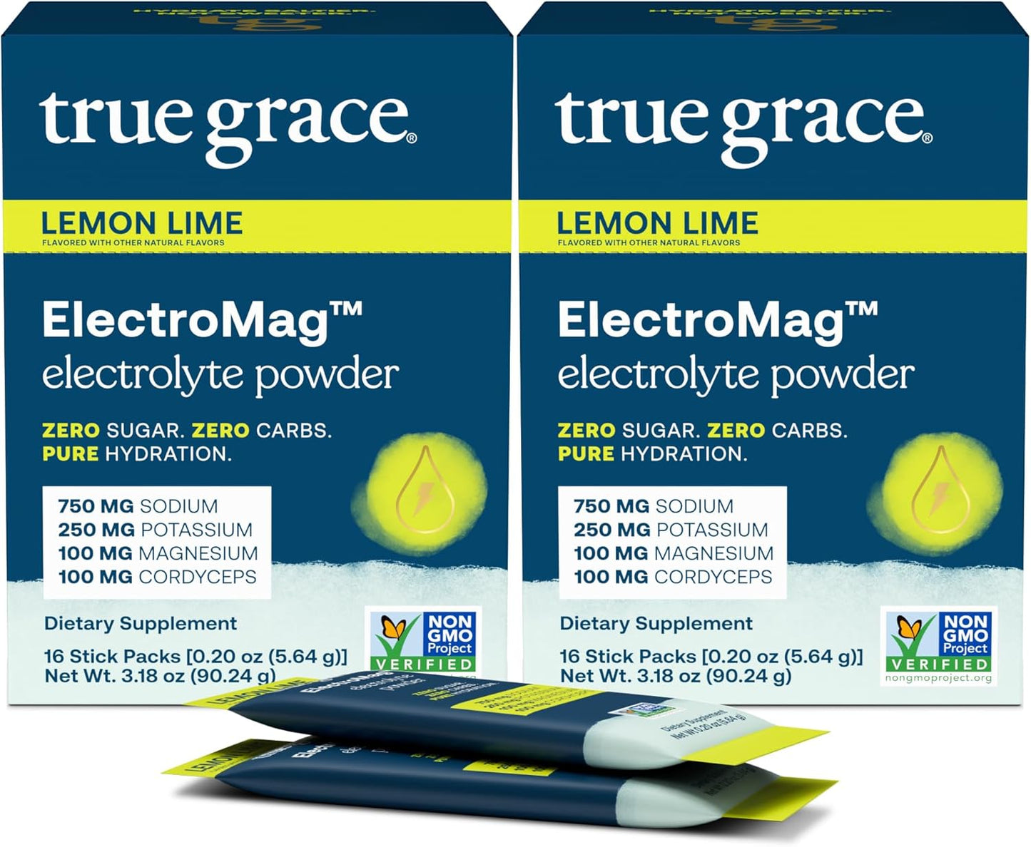Lemon Lime Electrolyte Powder Sticks - True Grace ElectroMag - 32 Servings - Rapid Hydration with Sodium, Potassium, Magnesium, Cordyceps - Zero Sugar & Carbs - Non-GMO - Pack of 2