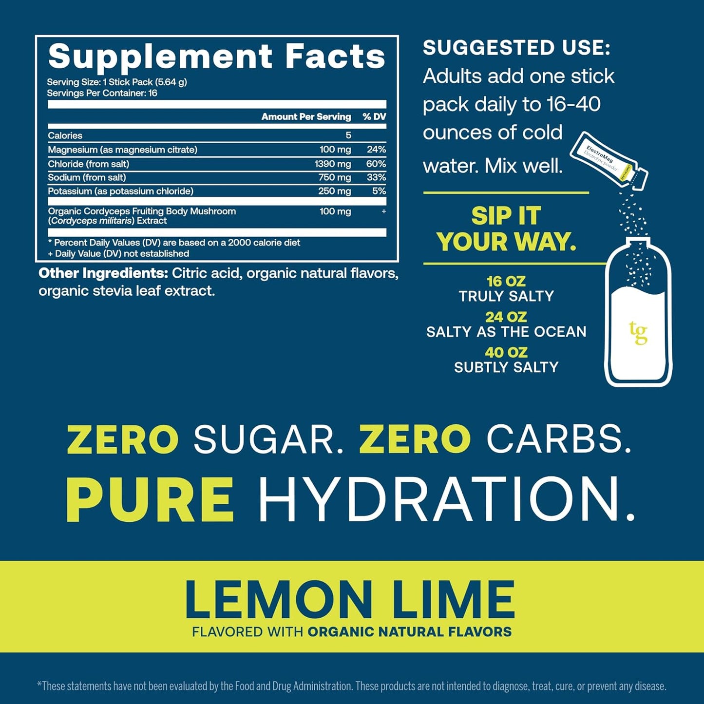 Lemon Lime Electrolyte Powder Sticks - True Grace ElectroMag - 32 Servings - Rapid Hydration with Sodium, Potassium, Magnesium, Cordyceps - Zero Sugar & Carbs - Non-GMO - Pack of 2