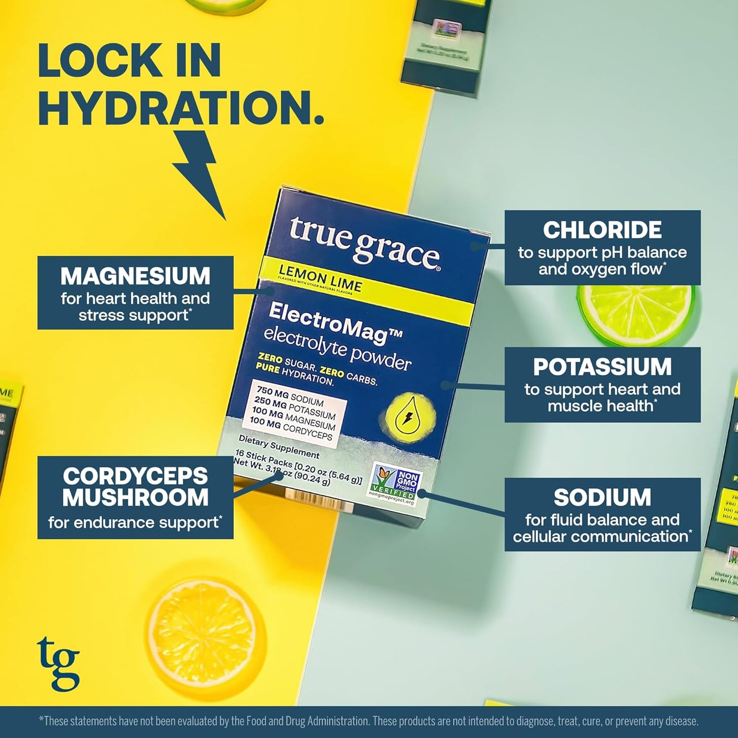 Lemon Lime Electrolyte Powder Sticks - True Grace ElectroMag - 32 Servings - Rapid Hydration with Sodium, Potassium, Magnesium, Cordyceps - Zero Sugar & Carbs - Non-GMO - Pack of 2