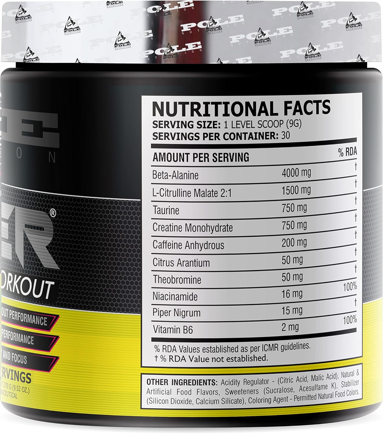 Lemon Lime Flavoured Pre-Workout Powder for Maximum Performance | 270g, 30 Servings by Pole Nutrition