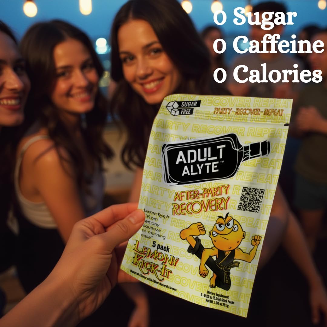 Lemony Kick-It Adultalyte After Alcohol Aid Powder Sticks with DHM, B Vitamins, and Antioxidants for Liver Support and Wellness