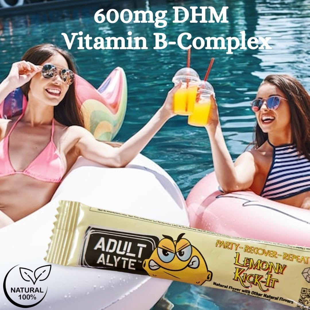 Lemony Kick-It Adultalyte After Alcohol Aid Powder Sticks with DHM, B Vitamins, and Antioxidants for Liver Support and Wellness