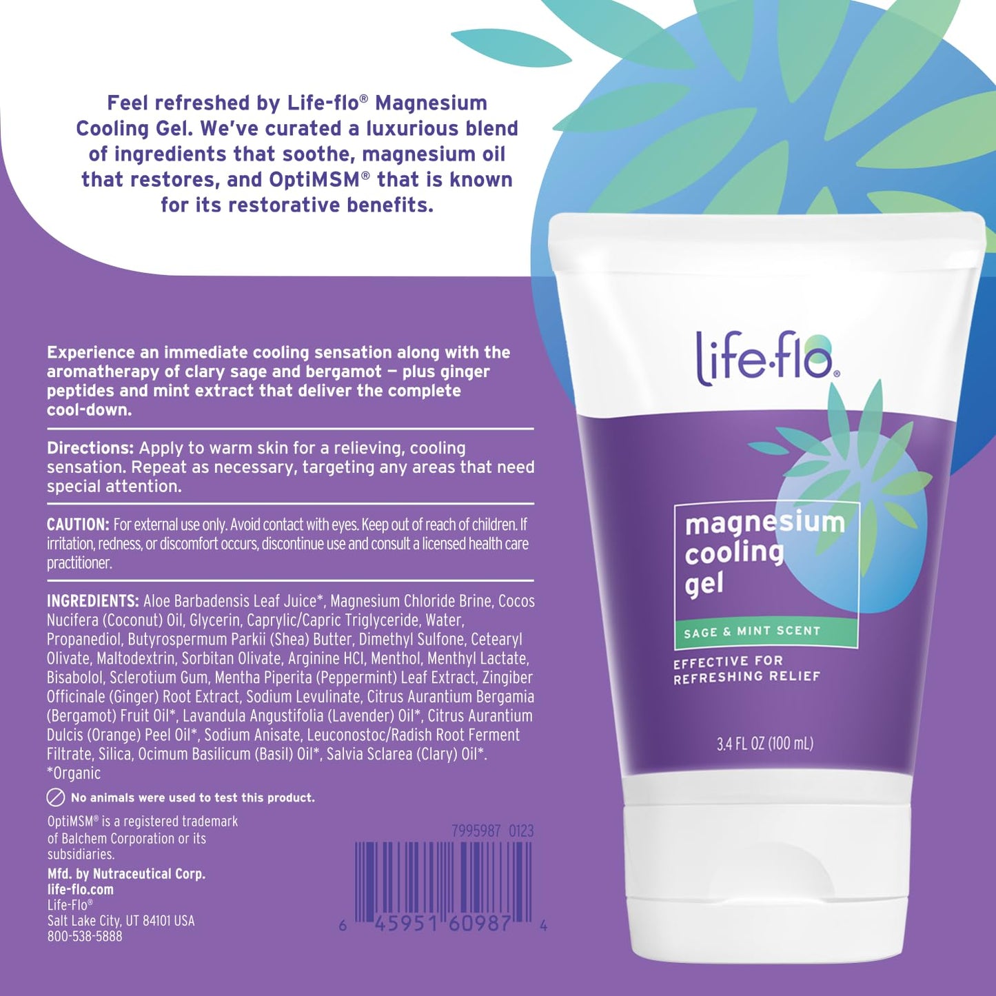 Life-flo Magnesium Cooling Gel for Women, Soothing Hot Flashes with Magnesium Chloride and MSM, Fresh Sage Mint Scent, 3.4 oz