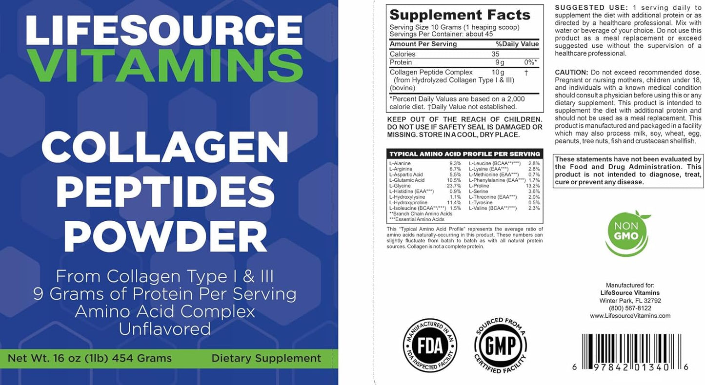 LifeSource Vitamins Collagen Peptides Powder - 45 Servings for Hair, Nail, Skin, Bone & Joint Health - Unflavored Keto & Paleo Friendly