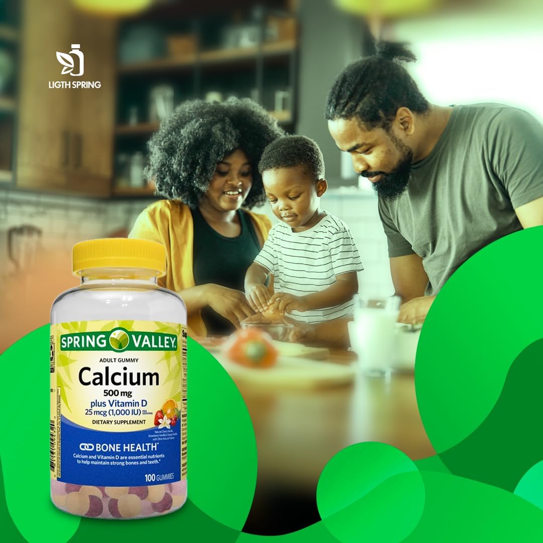 LightSpring Spring Valley Adult Calcium Plus Vitamin D Gummies, 500mg, 1000 IU, Assorted Flavors, 100 Ct (2 Pack) Bundle with Exclusive A to Z Vitamins & Minerals - Better Light&Spring Guide (3 Items)