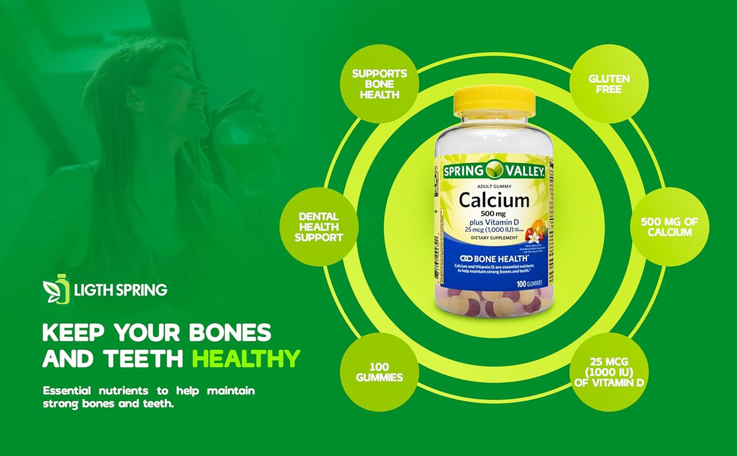LightSpring Spring Valley Adult Calcium Plus Vitamin D Gummies, 500mg, 1000 IU, Assorted Flavors, 100 Ct (2 Pack) Bundle with Exclusive A to Z Vitamins & Minerals - Better Light&Spring Guide (3 Items)