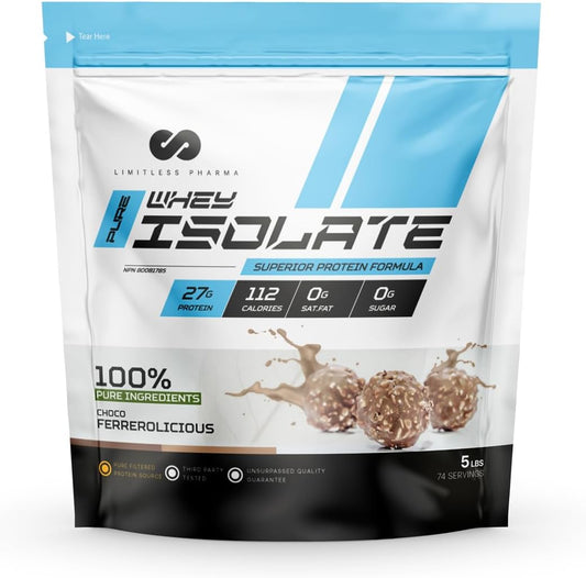 Limitless Pharma Pure Whey Isolate Protein Powder - 27g Protein, 6g BCAAs, Sugar Free - 5LB Choco Ferrerolicious - 74 Servings
