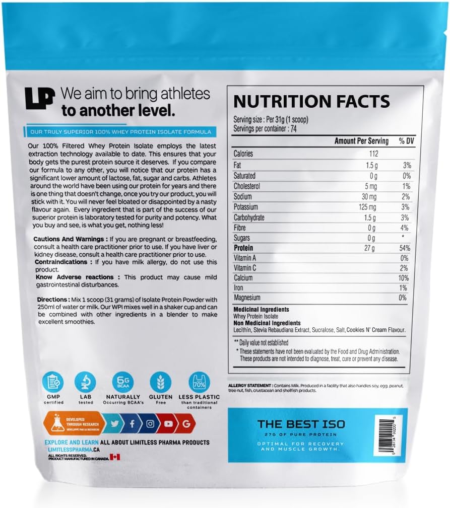 Limitless Pharma Pure Whey Isolate Protein Powder - High Protein, Low Carb, Sugar & Gluten Free - 74 Servings, 5LB (Cookies & Cream)