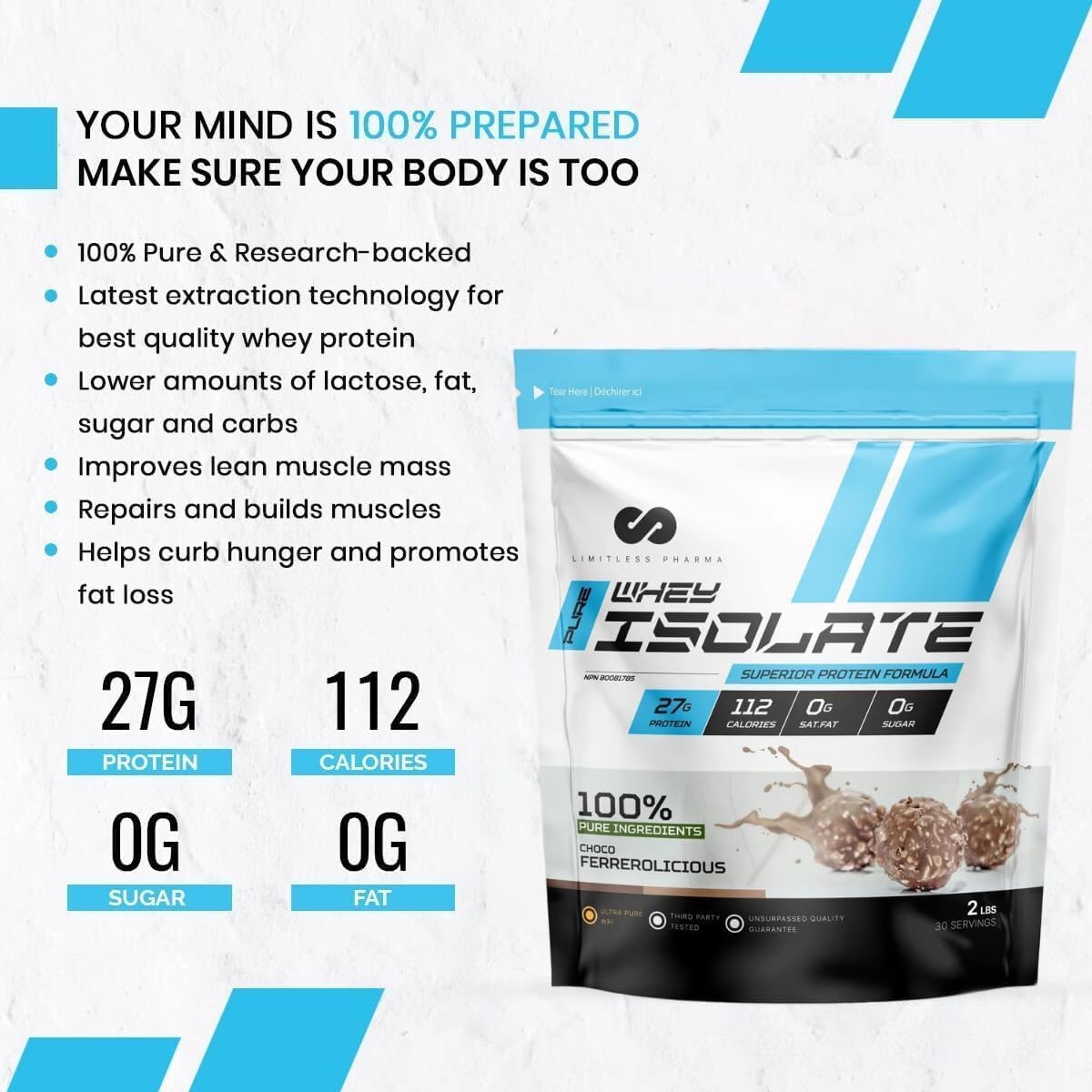 Limitless Pharma Pure Whey Isolate Protein Powder - 27g Protein, 6g BCAAs, Sugar Free - 5LB Choco Ferrerolicious - 74 Servings