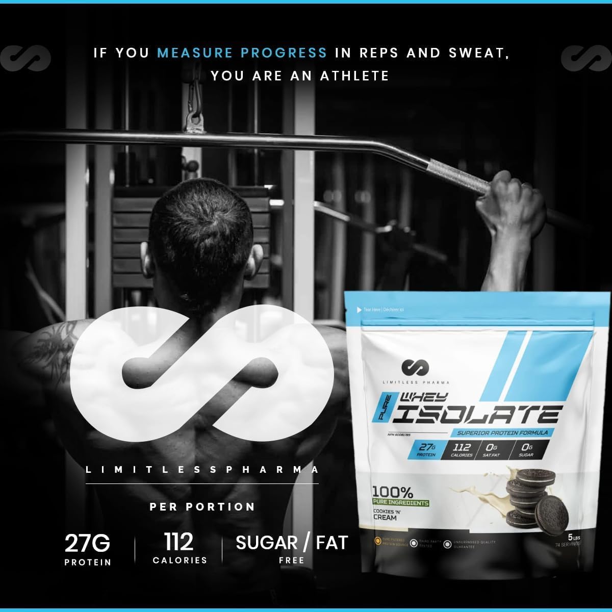 Limitless Pharma Pure Whey Isolate Protein Powder - High Protein, Low Carb, Sugar & Gluten Free - 74 Servings, 5LB (Cookies & Cream)