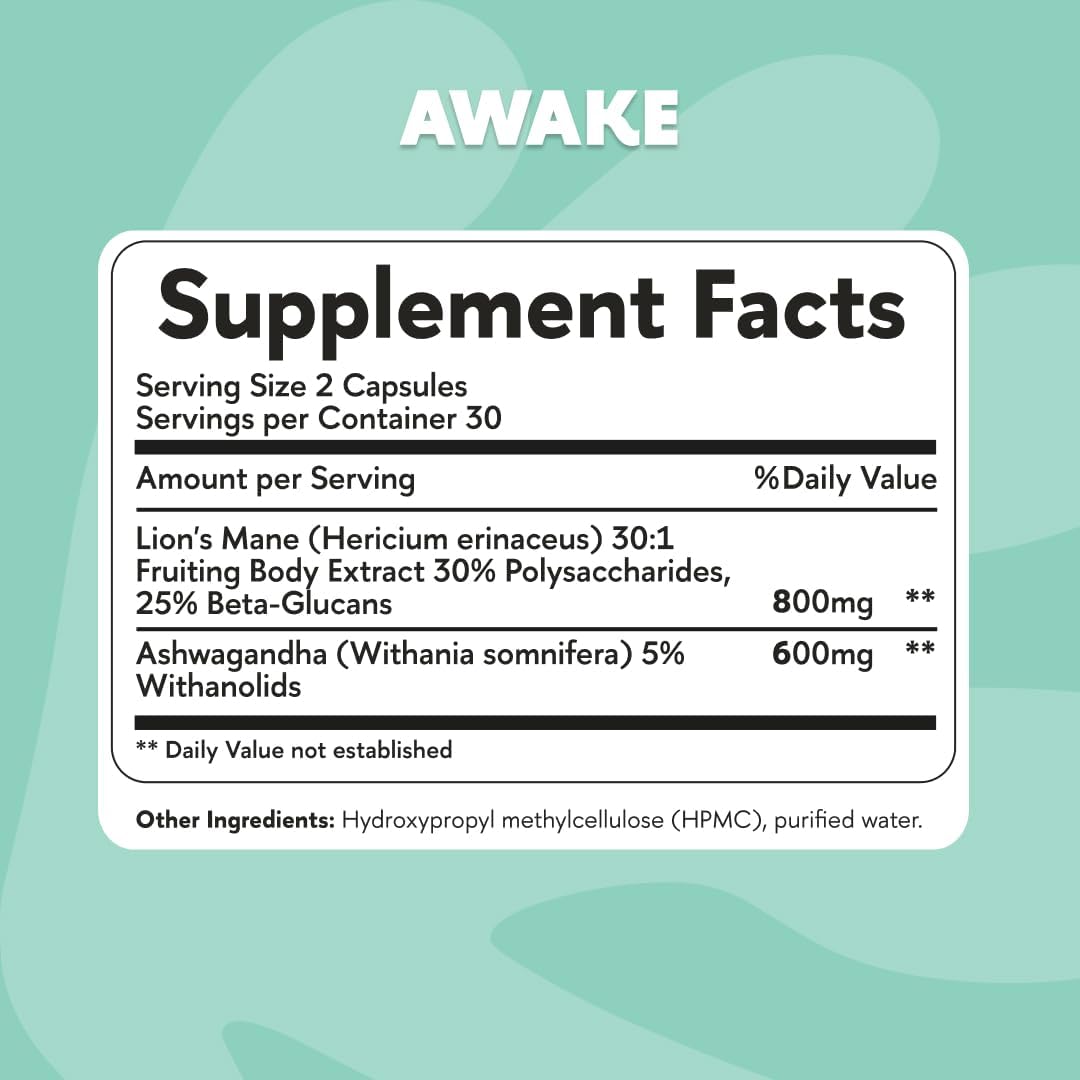 Lions Mane & Ashwagandha Mushroom Supplement Capsules for Brain, Memory & Stress Relief - Fruiting Body & Root Blend for Focus, Energy & Wellness - 60 Capsules